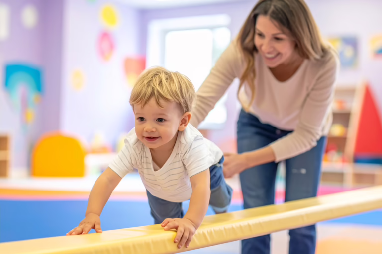 child crawling with therapist child crawling to improve motor development